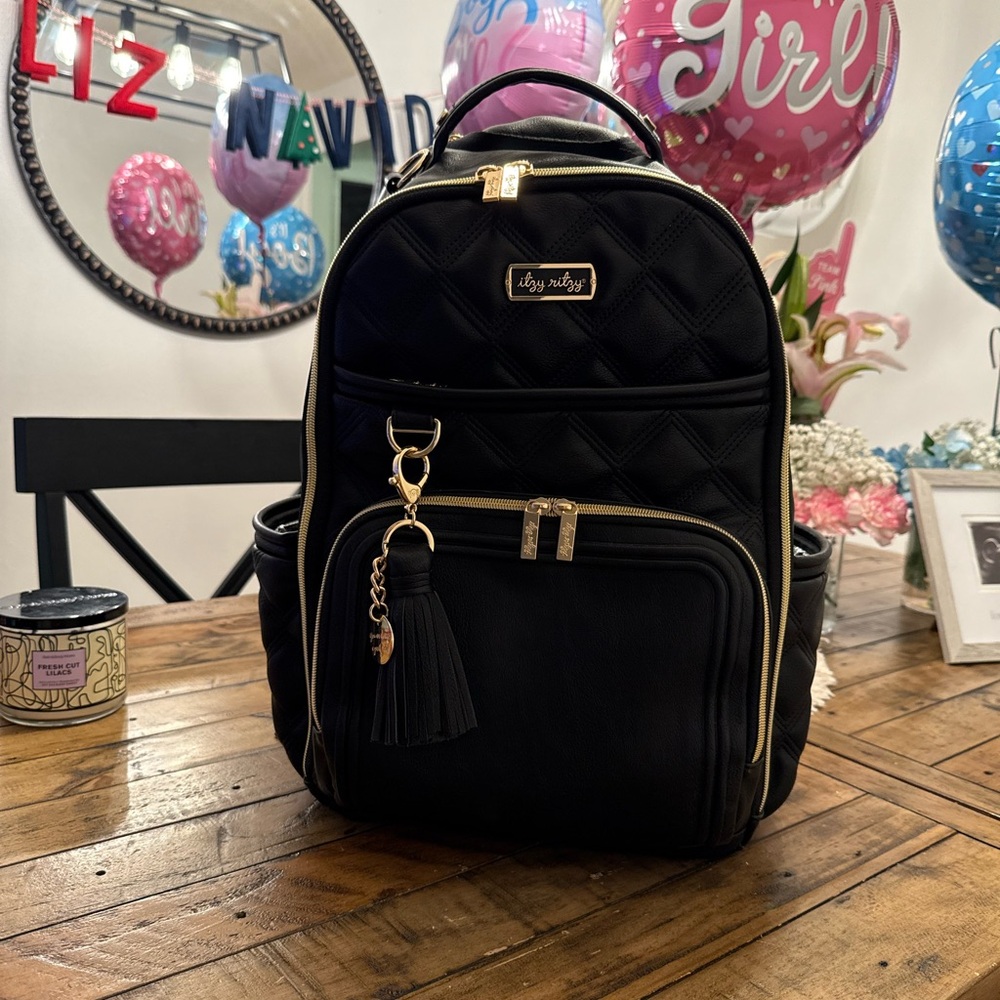 Itzy Ritzy Black Quilted Backpack with Gold Accents
